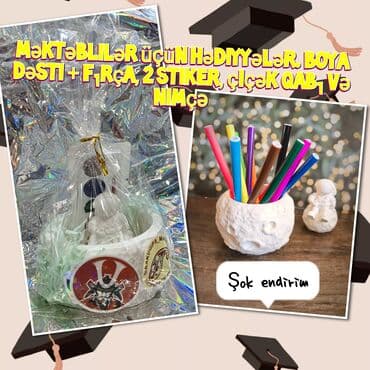 uşaq makyaj seti: Məktəblilər üçün hədiyyələr. Boya dəsti + fırça, 2 stiker, çiçək qabı — 3