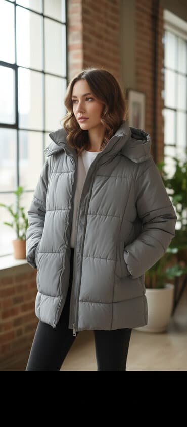 cins gödəkçə: Boz rəngli qışlıq pufik kurtka - Model: kapüşonlu, qutulu tikişli — 1