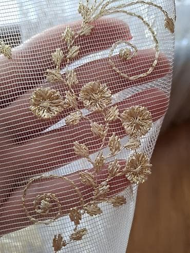Qızılı naxışlı tül pərdə seti - Material: incə tor tül üzərində