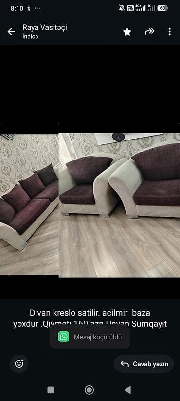 mebel satmaq: Divan kreslo satilir. acilmir baza yoxdur .Qiymeti 160 azn Unvan — 1