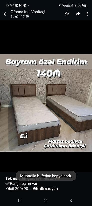tek kravat: *Tək nəfərlik Çarpayı 140AZN💥* ✔️Rəng seçimi var Ölçü 200x90 — 2
