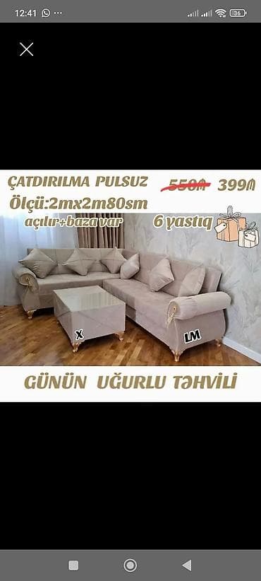 kreditle kunc divanlar: Künc divan dəsti – açılır və bazalı model - Ölçü: 2 m x 2 m 80 sm - 6 — 1