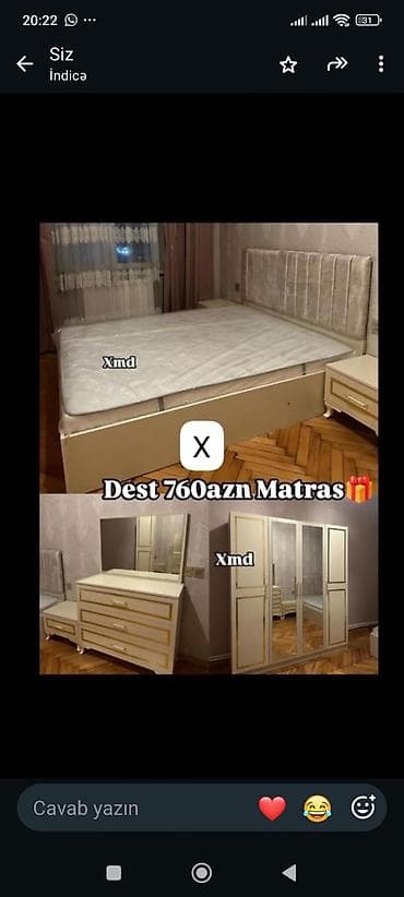 qapi dekoru: Yataq otağı dəsti – matras hədiyyə Dəst tərkibi: - Geniş iki nəfərlik — 1