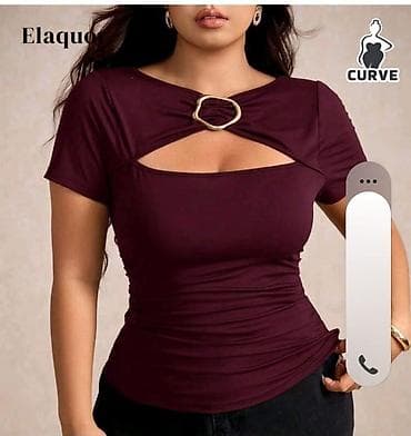 beli: Qadın bluzası – şərab rəngi - Qısaqoll, yumru yaxalı dizayn - Ön — 3