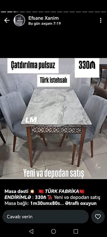 Açılmayan, Dördbucaq masa, 4 stul