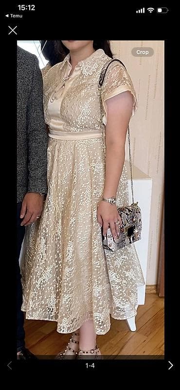 qara uzun don: Qızılı-bej rəngdə zərif qadın paltarı - Dizayn: A-kəsimli, beldən — 1