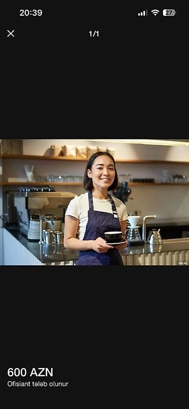 Ofisiant tələb olunur, Kafe, Aylıq ödəniş, İstənilən yaş, 1 ildən az təcrübə