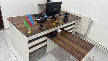 stol: Ofis stol dəsti – L formalı, geniş iş səthi və əlavə köməkçi masa ilə — 3