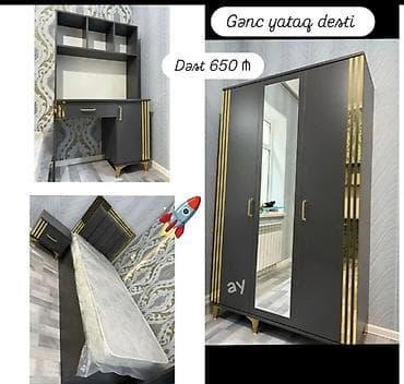 Uşaq mebeli: Gənc yataq dəsti – 650 ₼ Tərkibi: - 3 qapılı dolab: orta qapıda — 1
