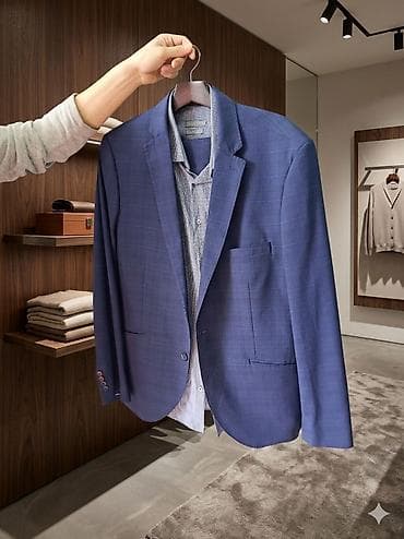 herbi paltar: Məhsul: Kişi kostyum dəsti – mavi, xətli (rəndalı) naxışlı, Slim Fit — 2