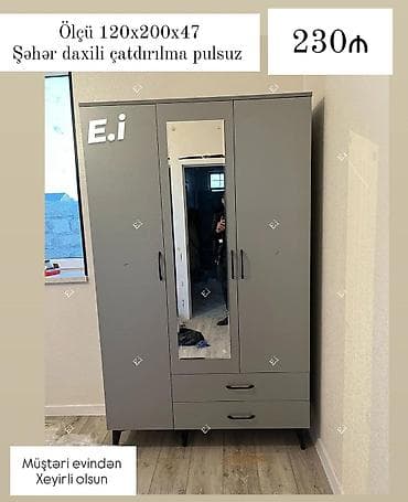 Мебель: Mebel: Boz rəngli 3 qapılı dolab Ölçü: 120×200×47 sm Qiymət: 230₼ — 1