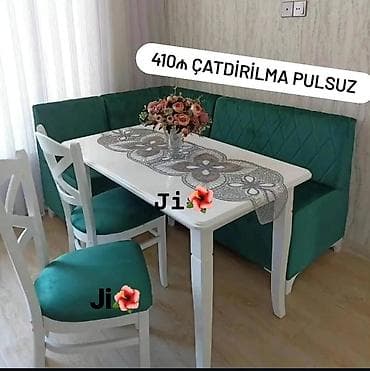 Mətbəx künc dəsti - Dəst: düzbucaqlı ağ masa, 2 ədəd ağ stul, L — 1