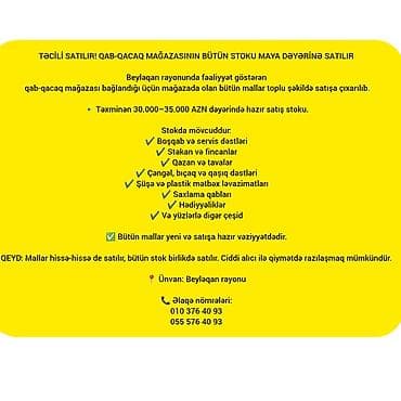 tavalar: Toplu qab-qacaq mağazası stoku satılır – Beyləqan rayonu Təxminən — 1