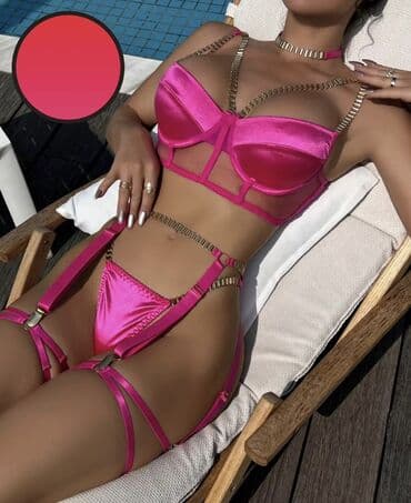 Çimərlik geyimləri: Parlaq çəhrayı 3 hissəli dəst – büstqalter, tanga və qoşulan — 1