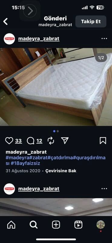 Mebel dəsti – ikinəfərlik çarpayı və döşək - Material: ağac