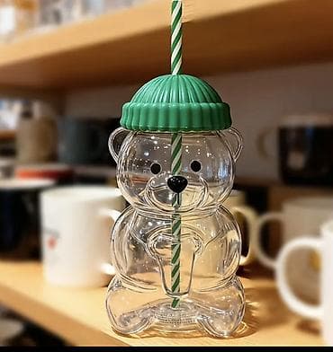 şu çeni: Məhsul: Ayıcıq formalı içki qabı və pipet - Şəffaf, ayıcıq dizaynlı — 2