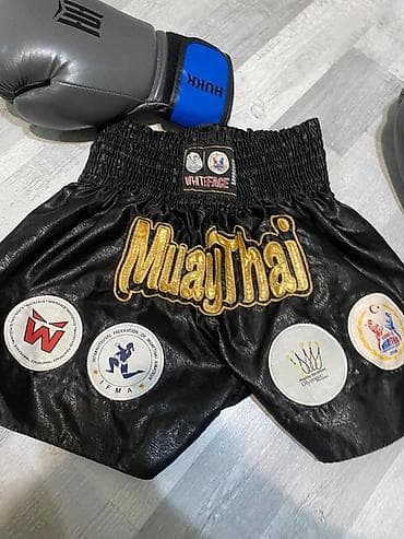 Əlcəklər: Muay Thai/ boks üçün tam dəst - Qalxanlı döyüş şortu: qara rəng, ön — 1