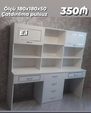 boyuk masa: Ağ rəngdə funksional iş/oxu masası və üst rəf modulu. Ölçü: 180 x 180 — 1