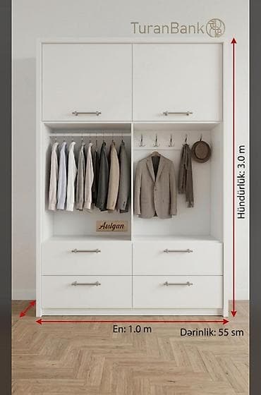 taxt satilir: Ağ rəngli qarderob sistemi Ölçülər: - Hündürlük: 3.0 m - En: 1.0 m - — 1