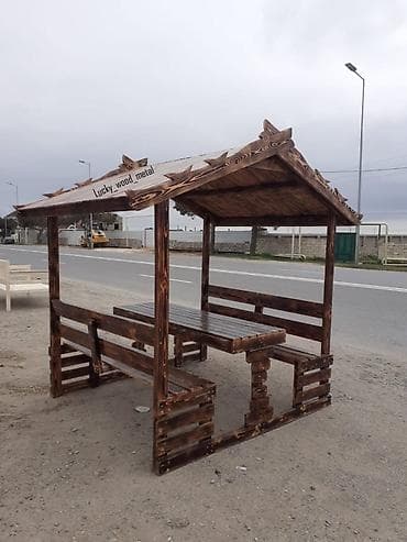 taxta stul: Açıq havada istifadə üçün taxta kölgəlikli masa dəsti - Material: tam — 5