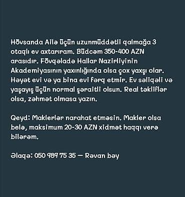 ucuz evler bakida: Axtarılıraa: Hövsanda ailə üçün uzunmüddətli qalmağa 3 otaqlı kirayə — 1