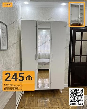 3 двери, С зеркалом, Белый, Другой материал, Распашной, Прямой шкаф at lalafo.az 3 двери, С зеркалом, Белый, Другой материал, Распашной, Прямой шкаф