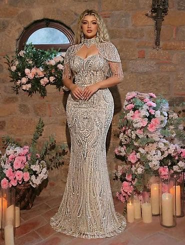 uzun toy donları: Gümüşü bəzəkli ziyafət libası - Model: ağ-krem əsaslı, gümüşü payet — 8