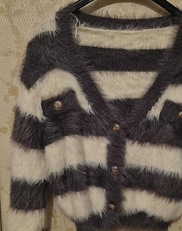 cins jaket: Tüklü trikotaj kardiqan – qısa model - Rənglər: tünd boz və ağ, eninə — 1