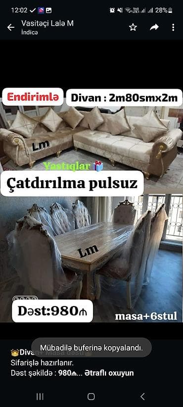 *👑Divan+ Masa dəsti👑* Sifarişlə hazırlanır. Dəst şəkildə : *980₼* — 1