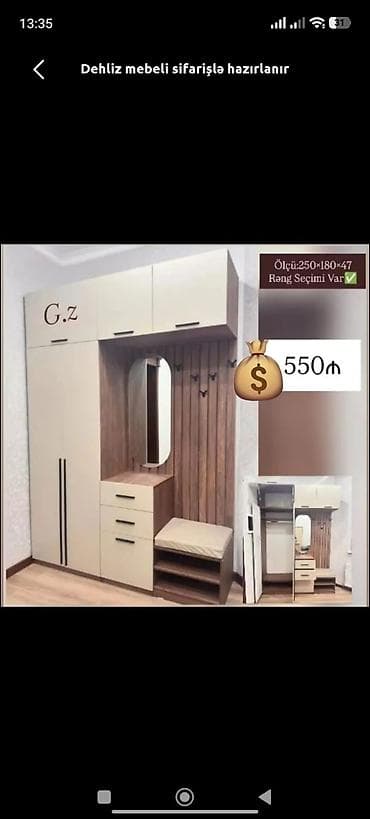skafi: Dehliz mebeli – sifarişlə hazırlanır Ölçü: 250 × 180 × 47 sm Rəng — 1
