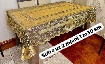 masa usdu: Qızılı-qara naxışlı masa örtüyü/parça - Ölçü: eni 1 m 30 sm, uzunluğu — 1