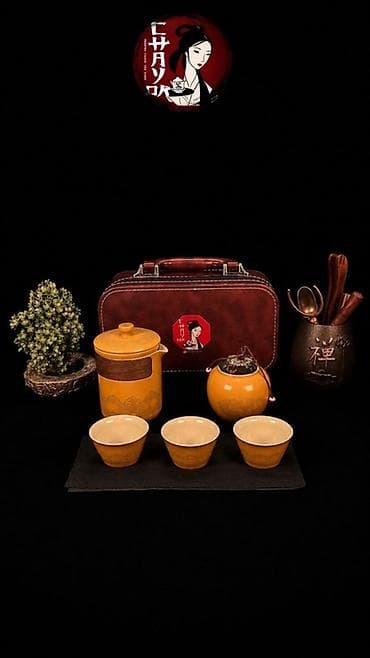 Çay dəsti, rəng - Narıncı, Keramika, 3 nəfərlik, Yaponiya — 1