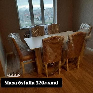 mebel alram: - Yemək otağı dəsti: 1 masa + 6 stul - Masa: düzbucaqlı, ağ üst səth — 1