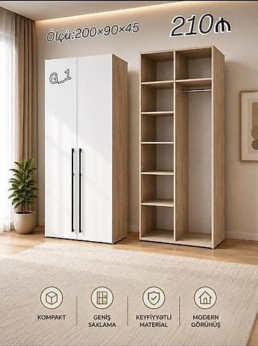 taxta ref: G_1 iki qapılı qarderob - Ölçü: 200 × 90 × 45 sm - Rəng və dizayn: ağ — 1