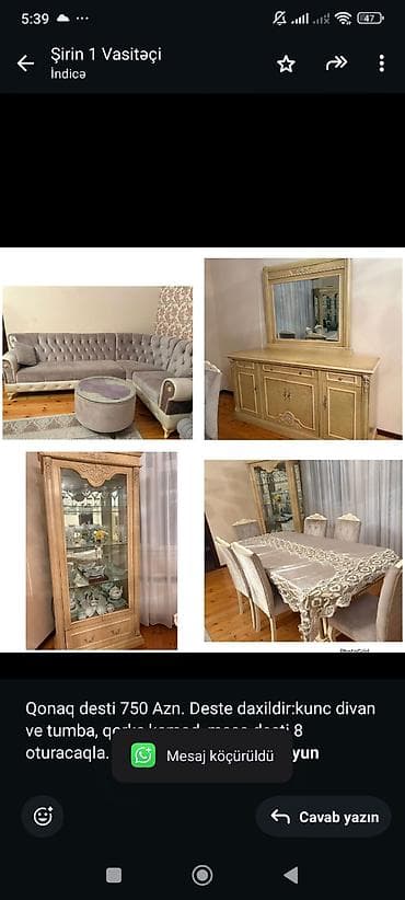 kunc diva: Qonaq desti 750 Azn. Deste daxildir:kunc divan ve tumba, qorka,kamod — 1