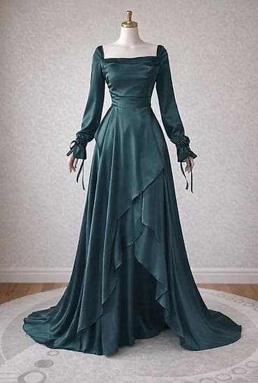 hicab geyimleri 2018: Zümrüd-yaşıl rəngdə, atlas parıldayan toxumalı uzun ziyafət donu — 1