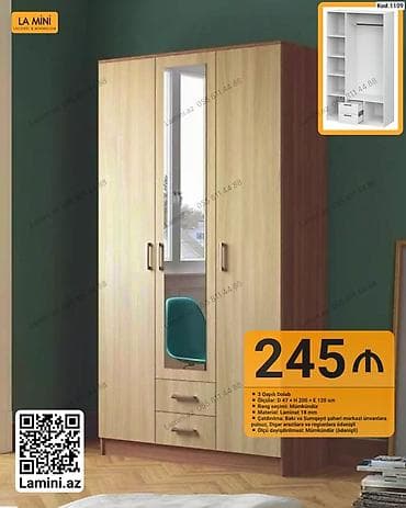 Məhsul: 3 qapılı geyim dolabı (Kod: 1109) Xüsusiyyətlər: - Ölçülər: E — 1
