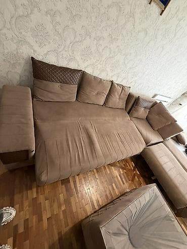 divan ucun macalka: L formalı yumşaq künc divan və puf - Rəng: qəhvəyi/bej tonlarında - — 5