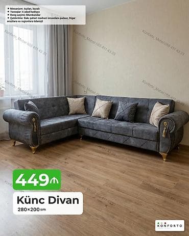 kreditle kunc divanlar: Künc Divan – 280×200 sm - Mexanizm: açılan, bazalı (yataq funksiyalı — 1