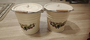 Emallı metal vedrə dəsti – 2 ədəd - Rəng: krem (bej), üzərində meyvə — 2