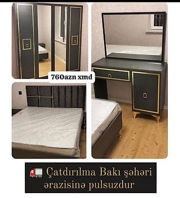 bortik desti: Mebel dəsti – yataq otağı üçün komplekt - Rəng: tünd boz/qara, qızılı — 1