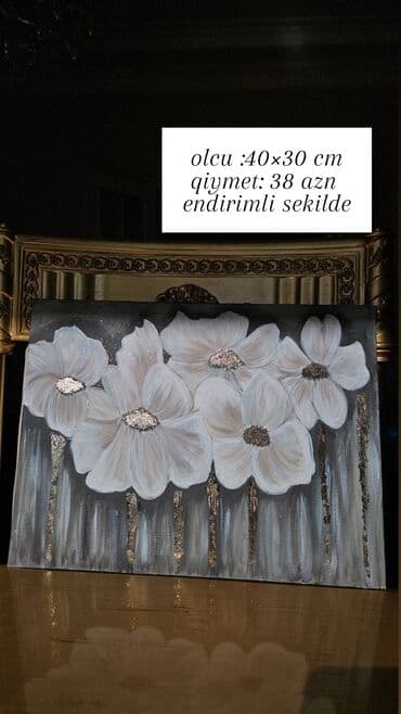 tac sekli: Əl işi rəsm tabloları – akril boya ilə kətan üzərində. 1) Ağ çiçəklər — 1