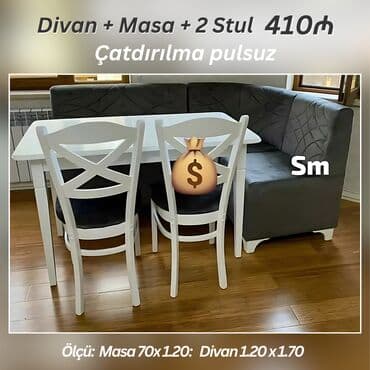 konputer masası: Mətbəx dəsti Divan + Masa + 2 Stul Qiymət : 410₼ Divan:1.20x1.70 — 3