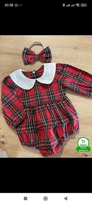 ev geyimleri sekilleri: Uşaq üçün dəst – qırmızı-yaşıl ribli şotland naxışlı kombinezon və — 1