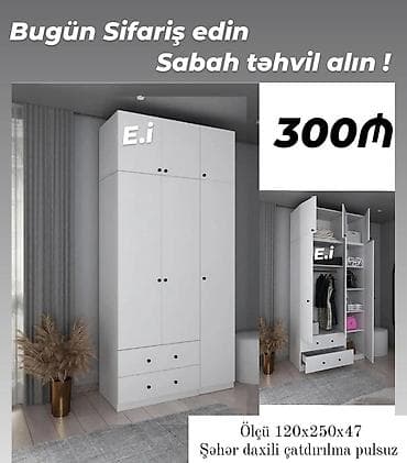 Ağ rəngli, müasir dizaynlı paltar şkafı - Ölçü: 120 x 250 x 47 sm