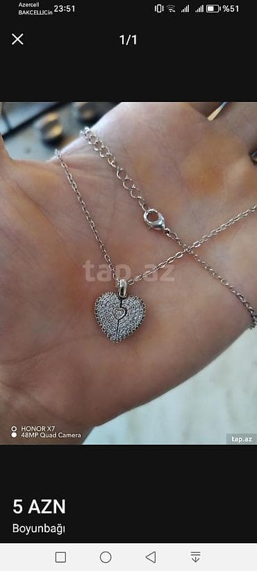 sepler: Gümüş rəngli boyunbağı – ürək formalı kulonla. - Zəncir: incə, uzadıcı — 1