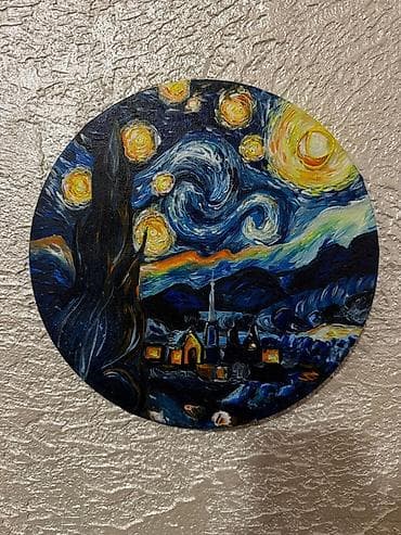 Kətan üzərində Əl işi Dairəvi tablo – “Ulduzlu gecə” mövzusunda əl işi at lalafo.az Kətan üzərində Əl işi Dairəvi tablo – “Ulduzlu gecə” mövzusunda əl işi