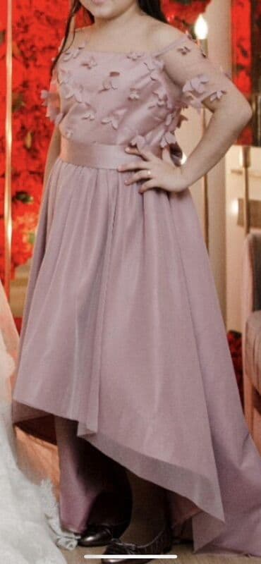 Uşaq ziyafət donu – pudra/boz-gül rəngi - Model: Assimetriyal ətəkli