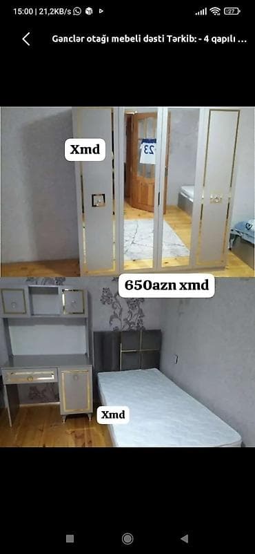 madeyra gence: Gənclər otağı mebel dəsti Tərkibi: - 4 qapılı şkaf (ortası güzgülü) - — 1
