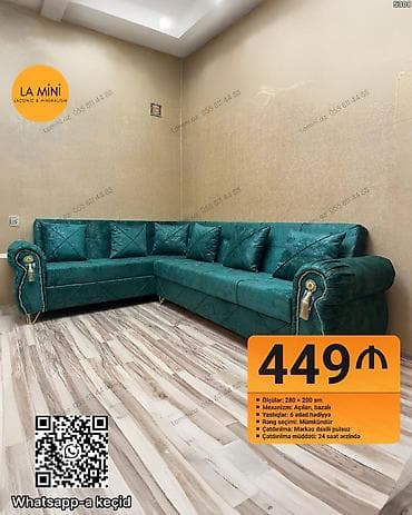 Künc divan, Açılan, Bazalı, Vеlur parça, Şəhərdaxili pulsuz çatdırılma